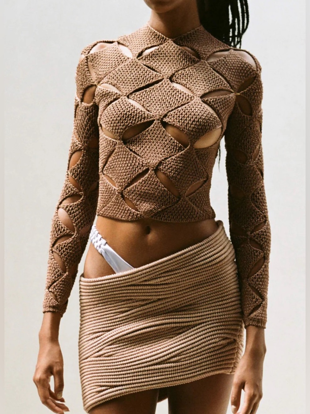 Isa Boulder Argyle Lace Cutout Crop Sweater Brown S